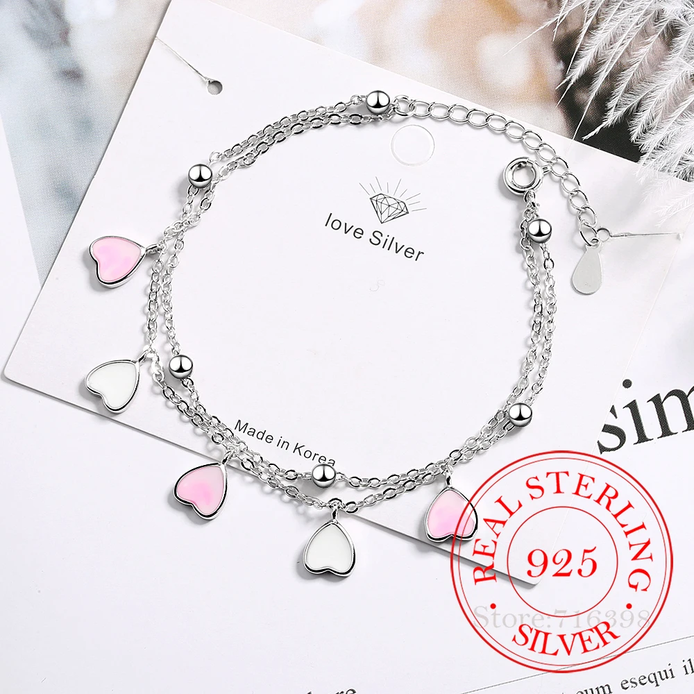 Sweet 925 Sterling Silver Pink Glaze Cherry Blossom Petals Gradient Heart Shaped Double Layer Chain Bracelets