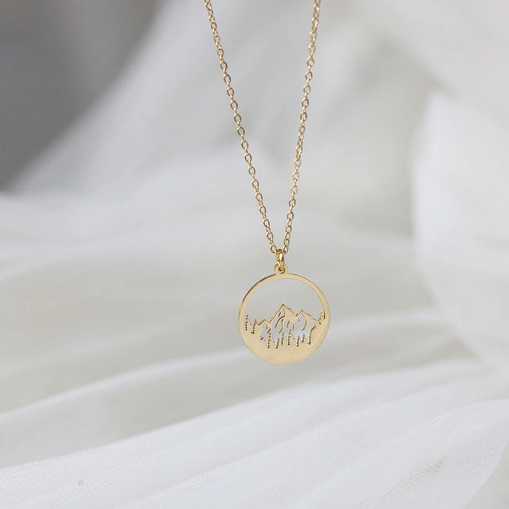 Mountain Necklace for Women Girls Gold Plated Hollow Mountain Charm Disc Pendant The Mountains Are Calling Wanderlust Jewelry