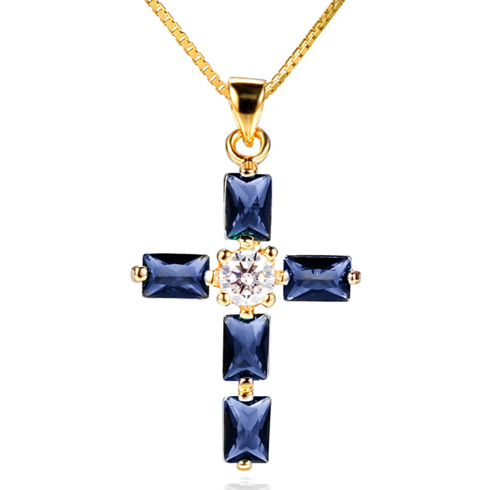 Sapphire gemtsones blue crystal cross pendant necklaces for women femme diamonds 18k gold color chain choker bijoux jewelry gift