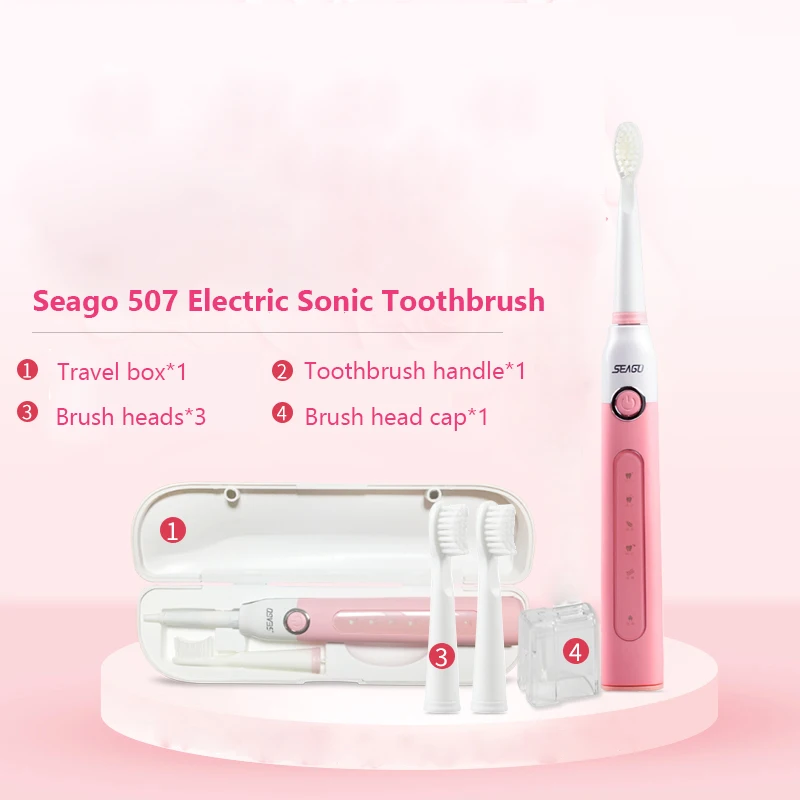 SEAGO Sonic pengatur waktu sikat gigi elektrik dewasa, kotak hadiah nosel kepala sikat gigi pengganti isi ulang USB 5 mode SG-507
