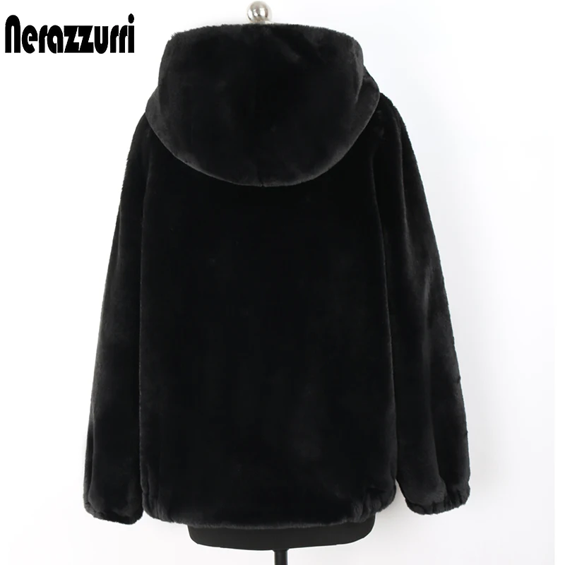 Nerazzurri Winter Black Warm Soft Fluffy jackets for Women Long Sleeve Zipper Hooded Faux Fur Coat Korean Fashion 5xl 6xl 7xl