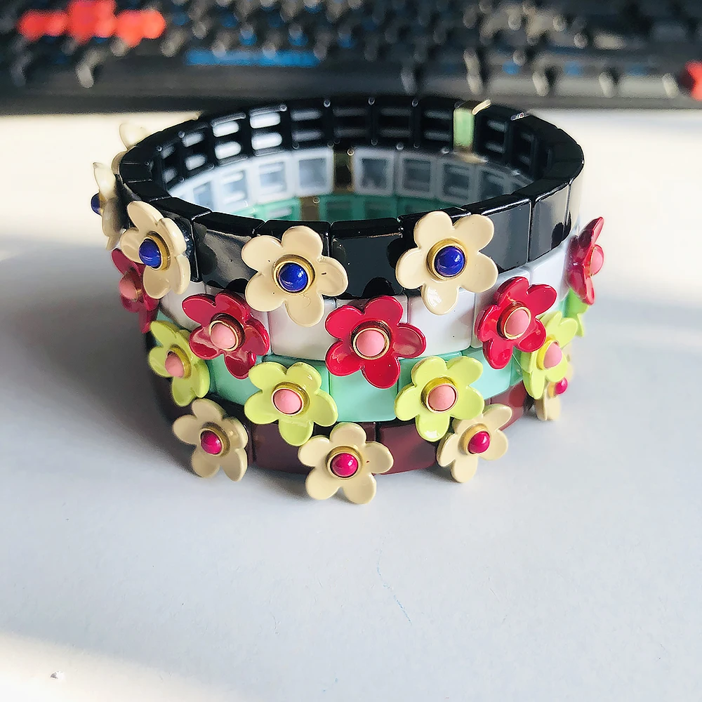 Enamel Flower Bohemian Rainbow Bracelets Women Multicolor Tile Beads Bracelet Pulsera 2023 Alloy Summer Beach Fashion Jewelry