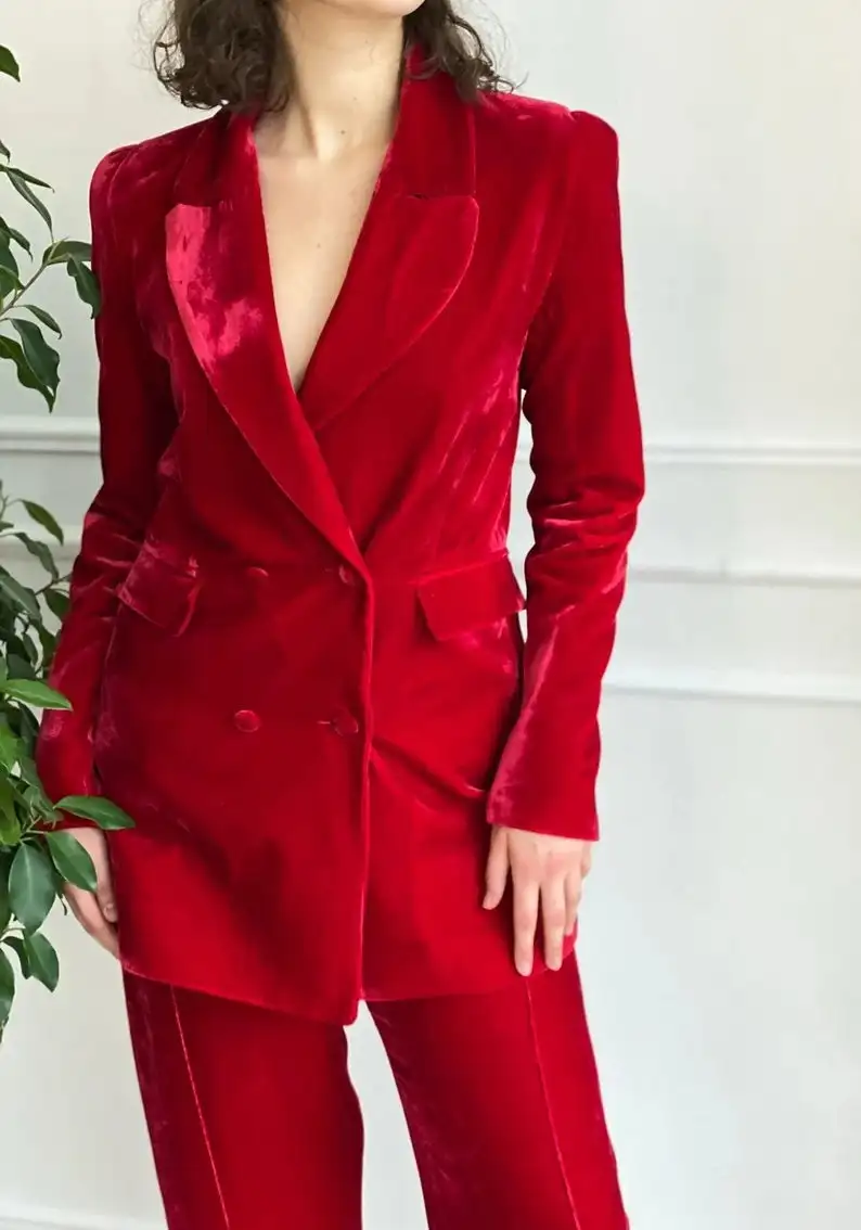 Fashion Velvet Red Women Blazer Suits 2 Pieces Set (Jacket + Pants) Custom Made Double Breasted Wedding Party Office Lady Coat