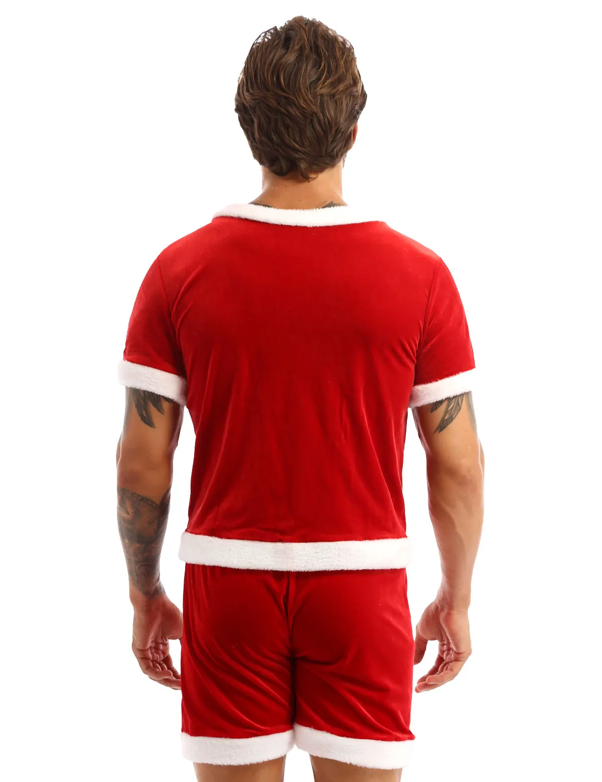 Men Soft Velvet Christmas Party Costume Fancy Dress Outfit Round Neck Short Sleeve Button Down Top and Shorts