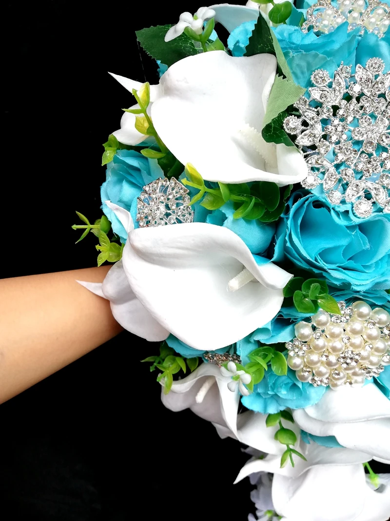 Neue Hochzeit Sammlung See Blau Rosen букет невесты Weiße Calla Lily Bouquet Gelin Buketi Cascading Ramos De Novia Bouquet