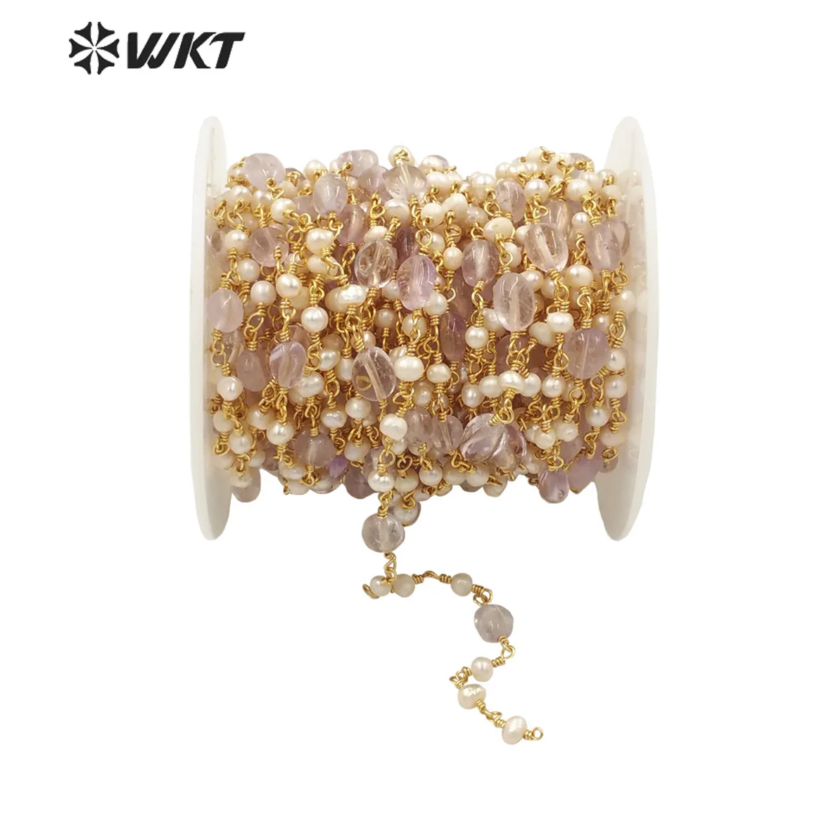 

WT-RBC187 Wholesale Newest Handmade Amethyst And Freshwater Pearl Rosary Beads Chain Sell By Meter Resist Tarnishable Gold ACC