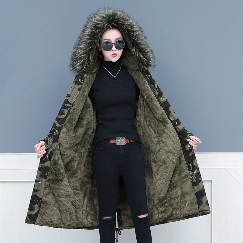 2022 Winter Overcoat Women Add Velvet Lining Keep Warm Parkas Female Long Camouflage Jacket Women Overcoat  Coat 4XlC1356