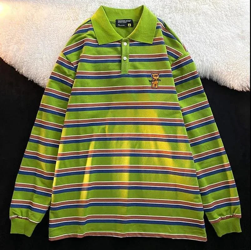 New High Quality England Style Cartoon Avocado Green Striped POLO Collar Sweatshirt Oversized Long Sleeve Tops Clothes for Teens