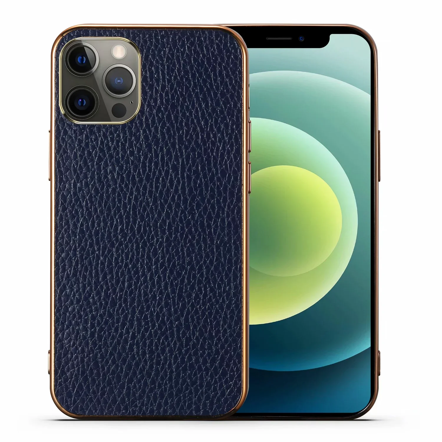 Shockproof Litchi Pattern Genuine Leather Gold Plating Case for iPhone 13 12 Mini Pro Max 11 X XR XS