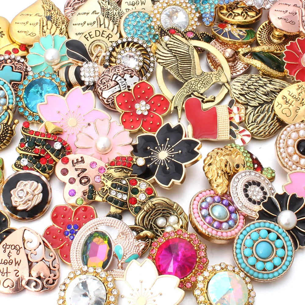 Wholesale 10pcs/lot 18mm Snap Jewelry Mix Many Styles 18mm Metal Snap buttons Gold Rose Gold Buttons Rhinestone Snaps Jewelry