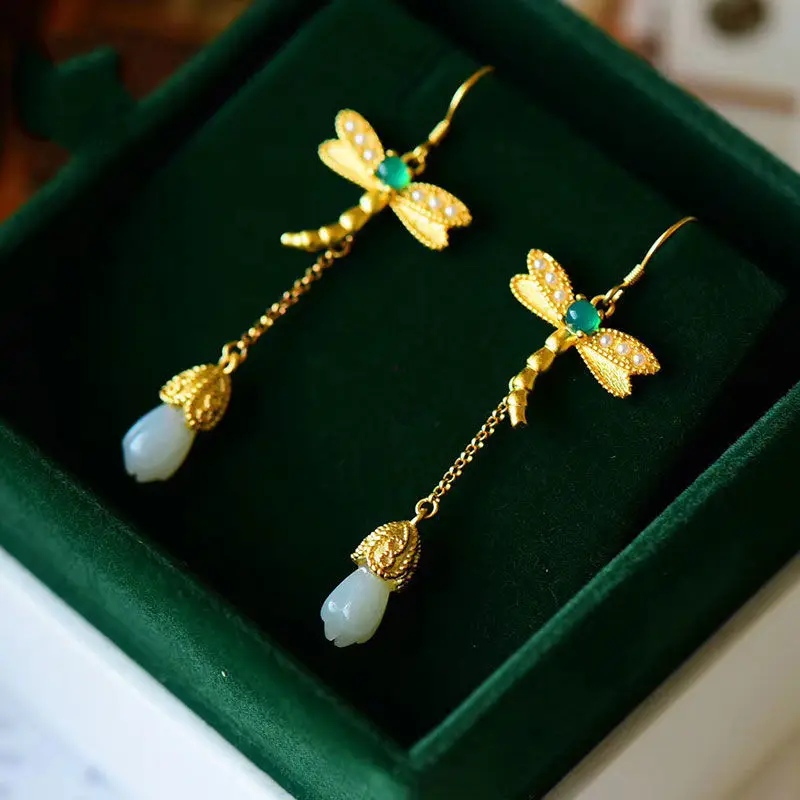 Silver inlaid natural Hotan white jade orchid Dragonfly long ears Chinese style antique gold craft charm women's jewelry