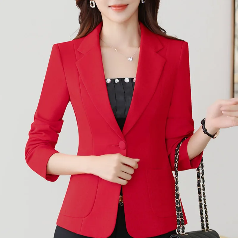 Autumn Solid Color Elegant Red Blazer Women Jacket England Style Slim Fit Long Sleeve Outerwear Notched Collar Single Button Top