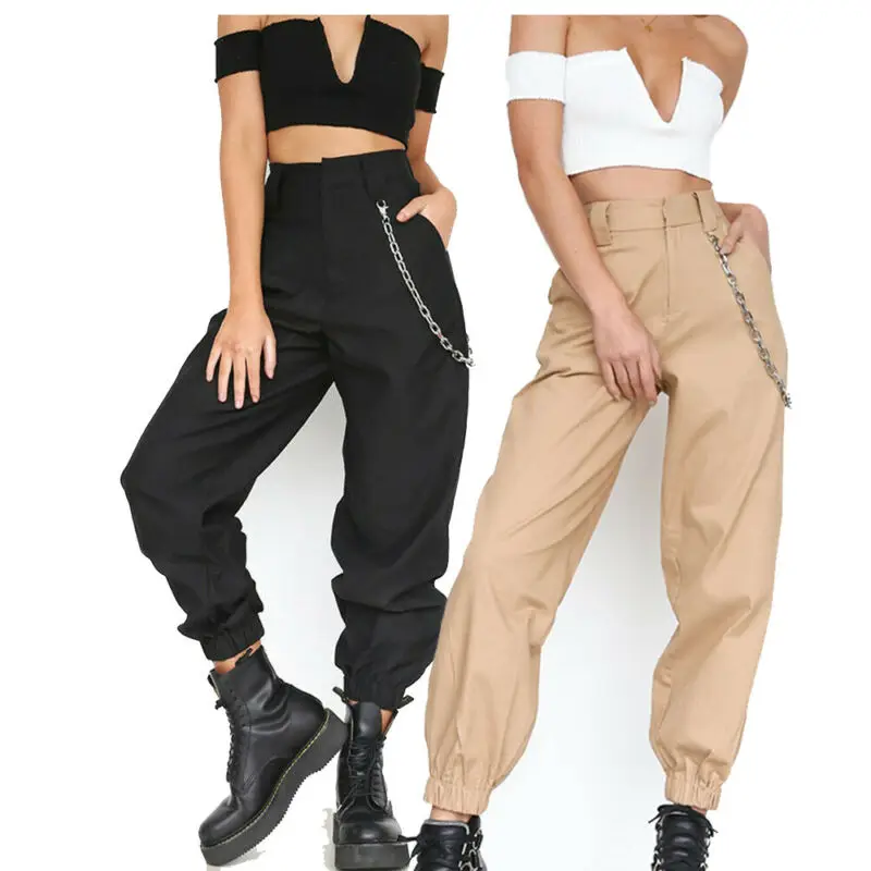 Women Plus Size Loose Cargo Pants Casual High Waist Pants Woman Loose Solid Black Khaki Trousers Pockets Elastic Waist Bottoms