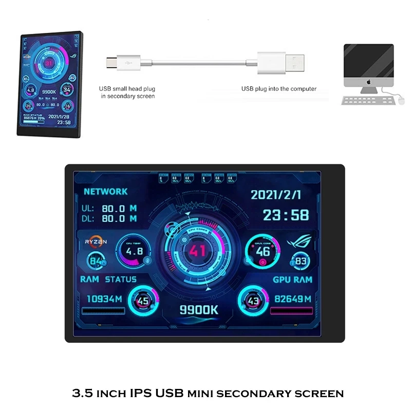 New Computer Monitor For Mini ITX Case 3.5 Inch IPS TYPE-C Secondary Screen CPU GPU RAM HDD Monitoring USB Display Freely AIDA64