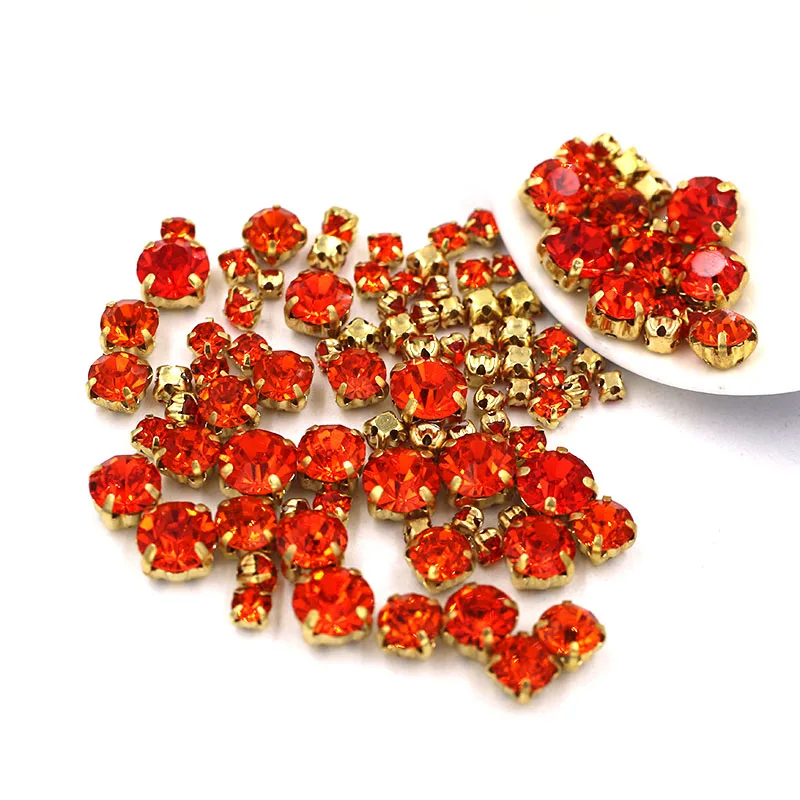 New arrival 100pcs/bag Mixed size glass strass crystal beads gold base sewing orange rhinestones diy Wedding decoration