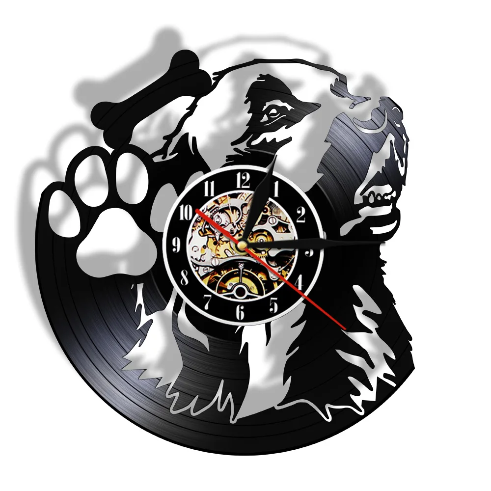 Dog Paw Dog Bone Wall Clock Made Of Real Vinyl Record Puppy Pet Shop No Ticking Hanging Decor Modern Living Bedroom Lamp Watch