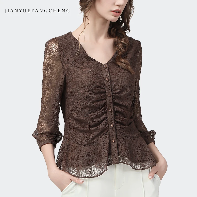 100% Nylon Sexy Hollow Out Women Lace Tops Summer New Fashion Slim V-Neck Seven Sleeves Shirts Elegant Vintage Floral Brown Top