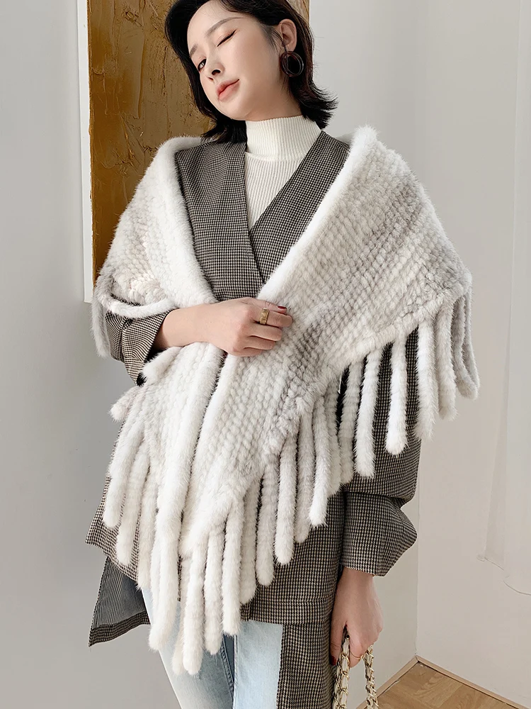 New Fashion Women Genuine Real Mink Fur Shawl Scarf with Tassle Gray Cape Lady Elegant Wraps Dropshipping