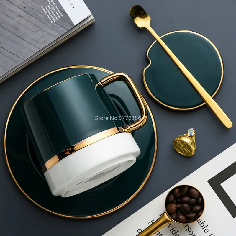 Nordic Luxury Ceramic Coffee Cup with Spoon Solid Green Minimalist Afternoon Tea Cups High Quality Cup and Saucer Set