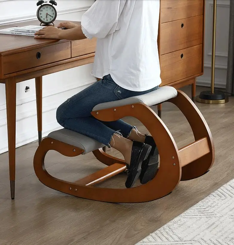 Ergonomic Kneeling Chair for Upright Posture Rocking Chair Knee Stool for Home, Office & Meditation - Wood & Linen Cushion