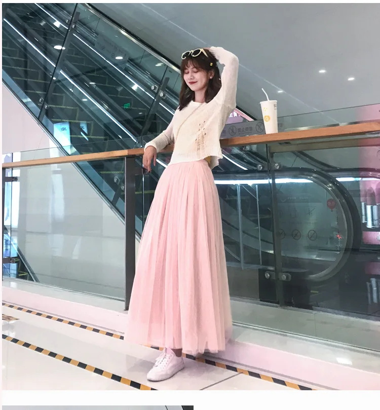 OHRYIYIE Otoño Invierno Vintage Maxi Falda Larga de Tul Mujeres Verano Faldas de Malla de Cintura Alta Falda Tutú Plisada Mujer Jupe Longue