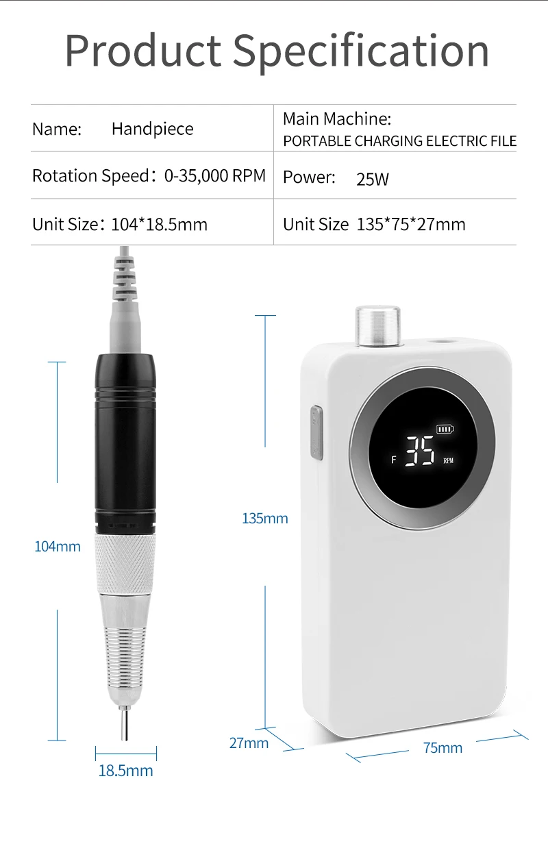 2020 최신 디자인 35000RPM 휴대용 전기 네일 드릴 머신, 충전식 무선 전기 매니큐어 세트, 네일 도구