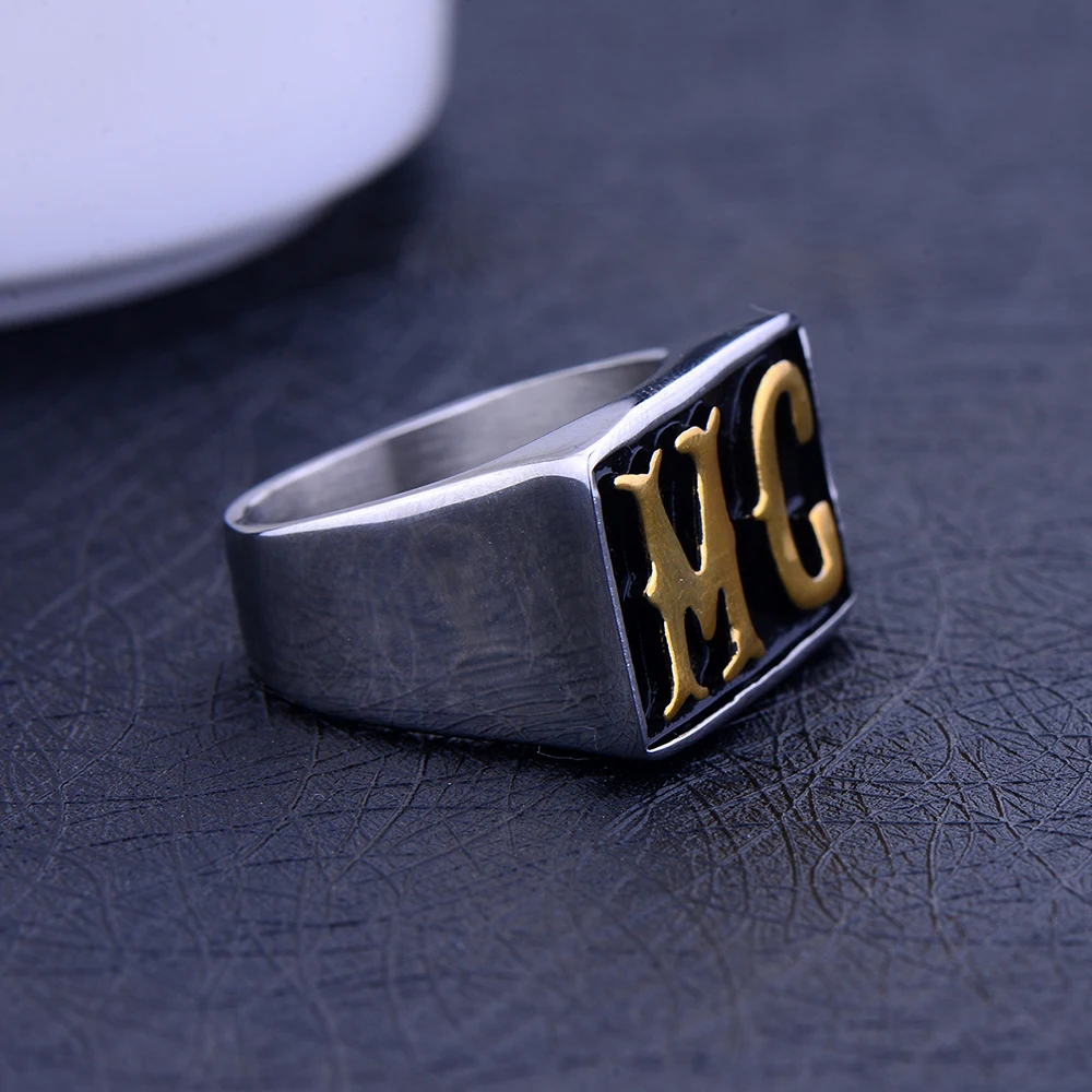 NEW 316L Titanium Steel Plated Gold MC Biker Ring Fashion Hip Hop Rock Men’s Jewelry Stainless Steel Ring drop shipping