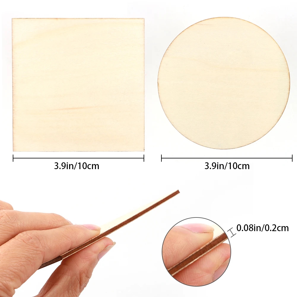 36pcs 10cm Blank Wood Pieces Squares Round Wooden Slices for DIY Art Crafts Painting Laser Engraving Carving Coaster