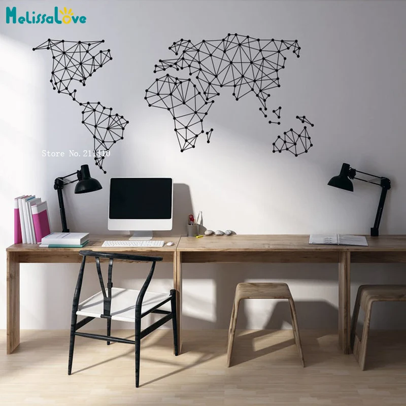 Geometric Modern World Map Wall Decals Travel Decor Office Living Room Interior Housewarming Gift Minimalism YT5790