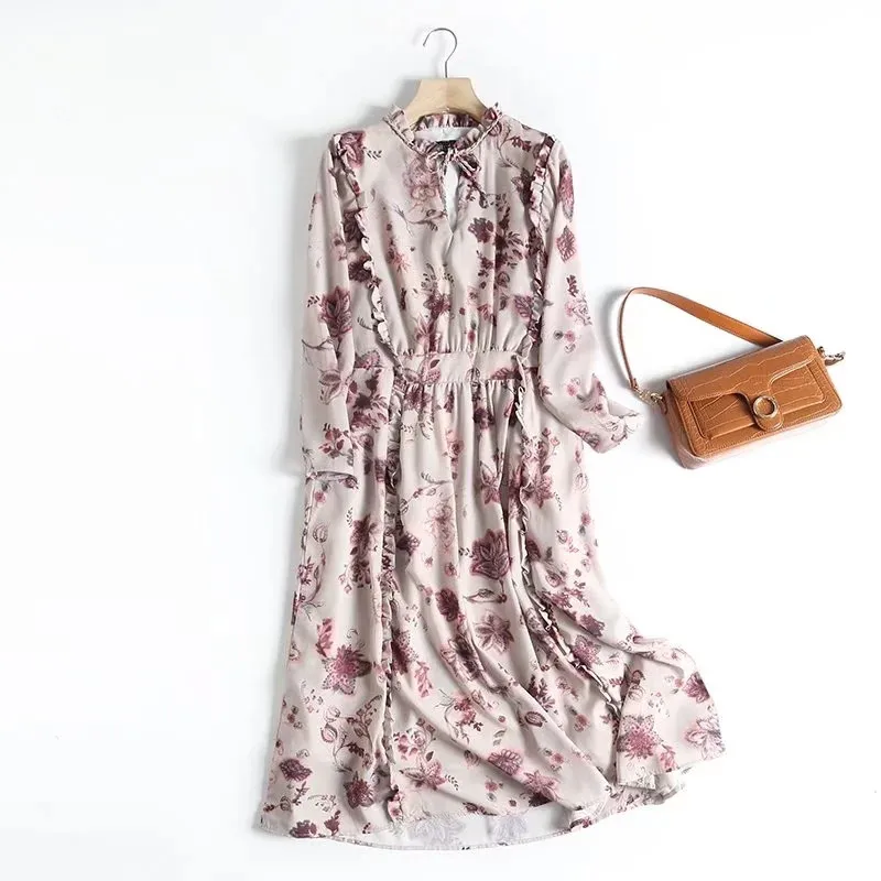 Jenny&Dave Spring Midi Dress Party Dress Women Vestidos Dress Tops  Folk Vintage Floral Prinitng Ruffles Collect Waist Loose