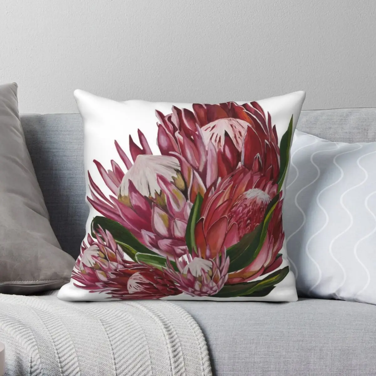 Protea Flower Bunch Square Pillowcase Polyester Linen Velvet Printed Zip Decor Throw Pillow Case Home Cushion Cover 45x45