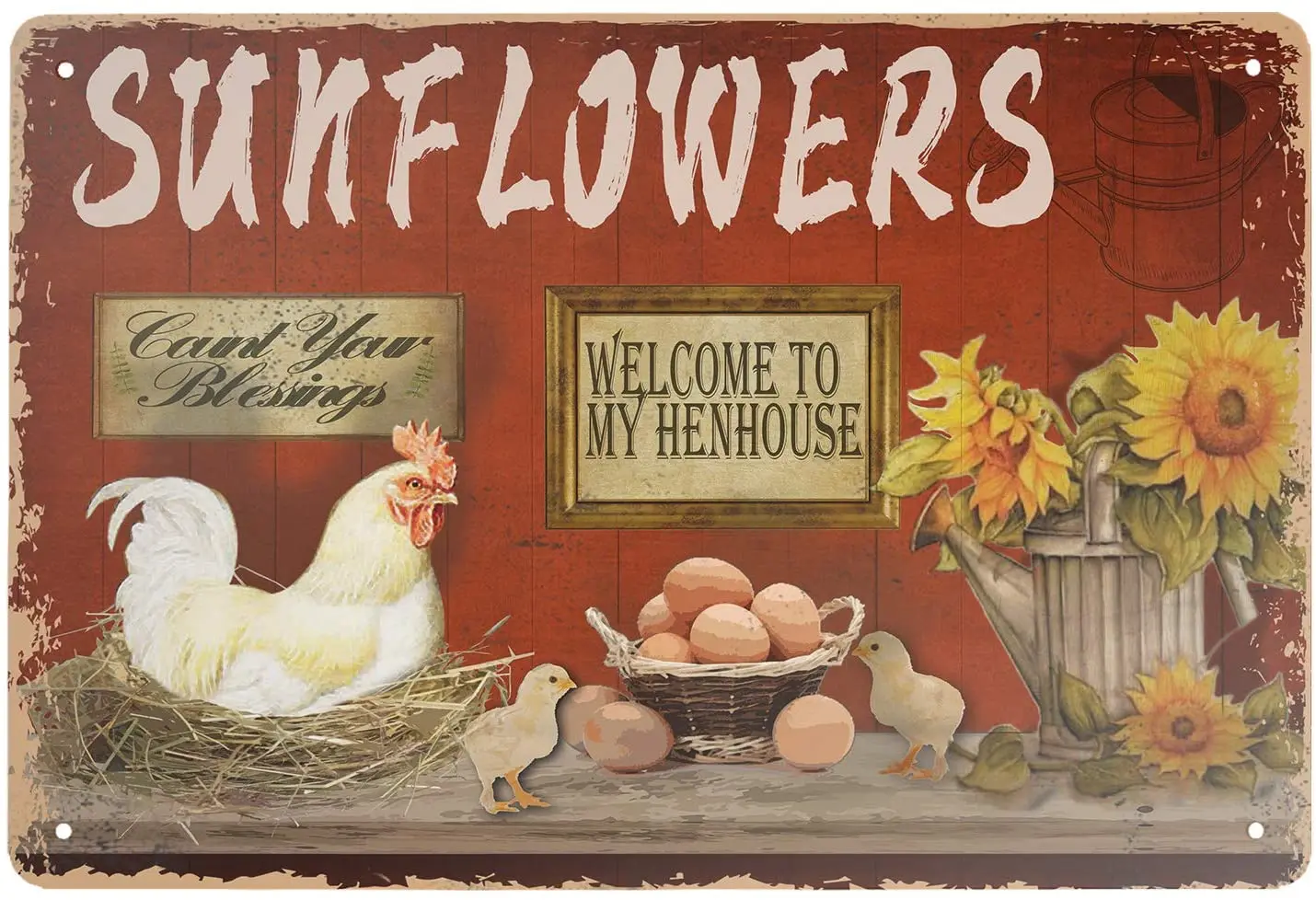 AMELIA SHARPE Welcome to My Henhouse Retro Vintage tin Sign Country Farm Sunflower Chicken House Wall Home Decoration