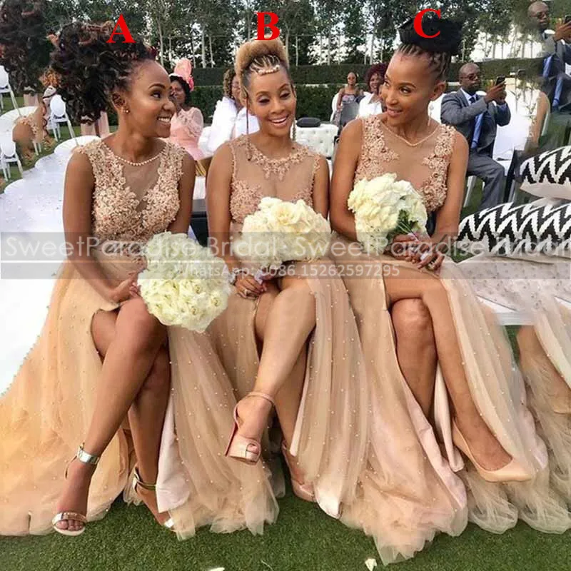 Dark Champagne Tulle A Line Bridesmaid Dresses Customized Beads Appliques Sheer Neck Side Split Women Long Wedding Party Dress