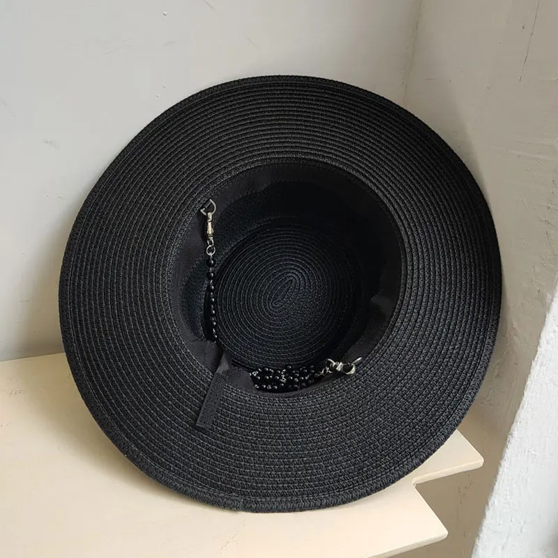 New Summer Hepburn Style Pearl Chain Vintage Concave Top Design Straw Hat For Women Girls Beach Holiday Sun Caps Fashion Fedora