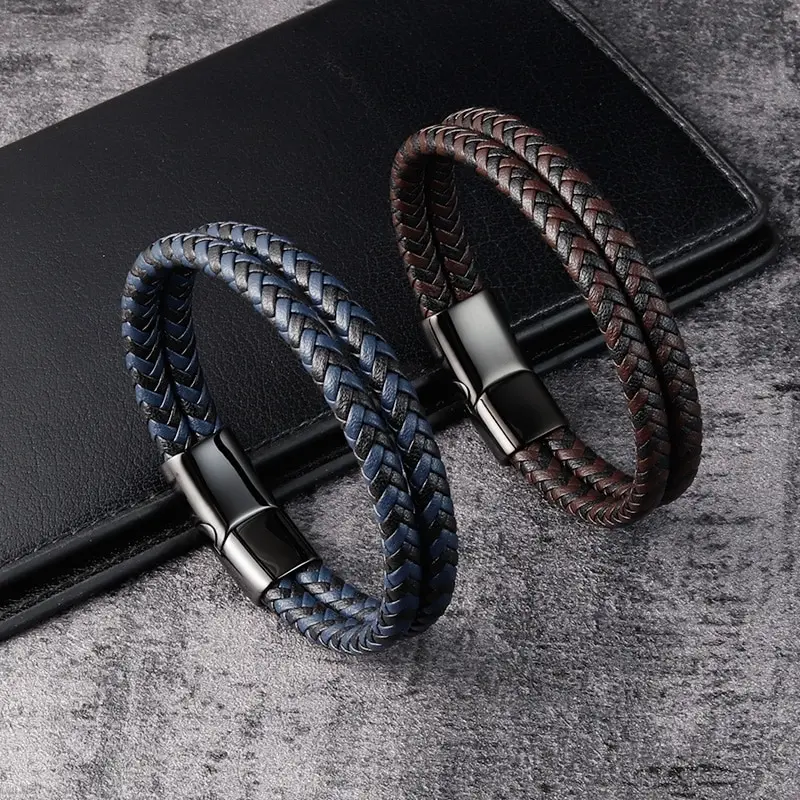 Janeyacy Listing Double weave Leather Bracelet Men's Popular Jewelry Magnetic buckle Stainless Steel Ladies Bracelet Pulseira