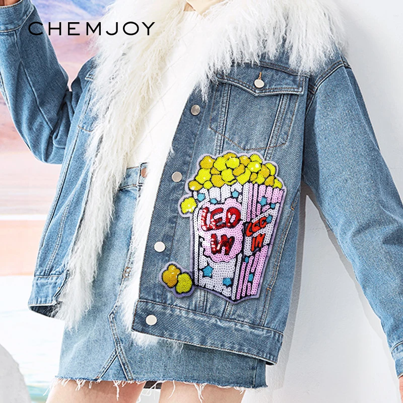 Popcorn Sequins Patch Large Patches Sew-on Applique for Clothing Cool Jackets Coats DIY Apparel Clothes Stickers Food Parches