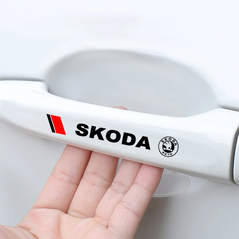 4PCS Car Accessories Door Handle Sticker Rear View Mirror Stickers Waterproof Badge Decals For Skoda A5 Kodiaq A7 RS Fabia Rapid