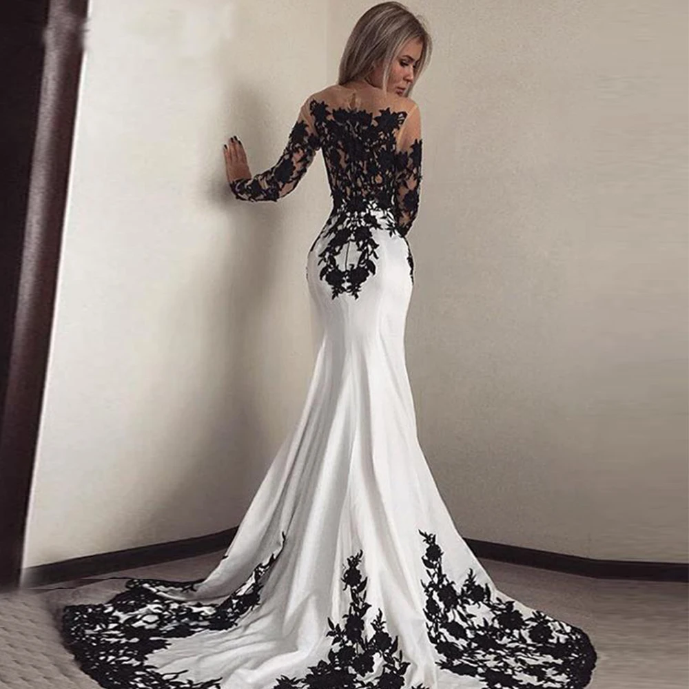 Elegant White Evening Dreses Long 2021 Black Lace Appliques Mermaid Long Sleeves Satin Prom Dress O-Neck Vintage robes de soirée