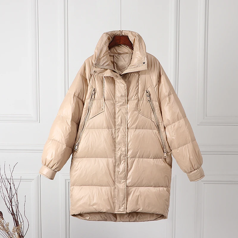 Waterproof Down Overcoats Loose Parka Snow Outerwear White Duck Down Jacket Woman Stand Collar Long Coat Winter Loose