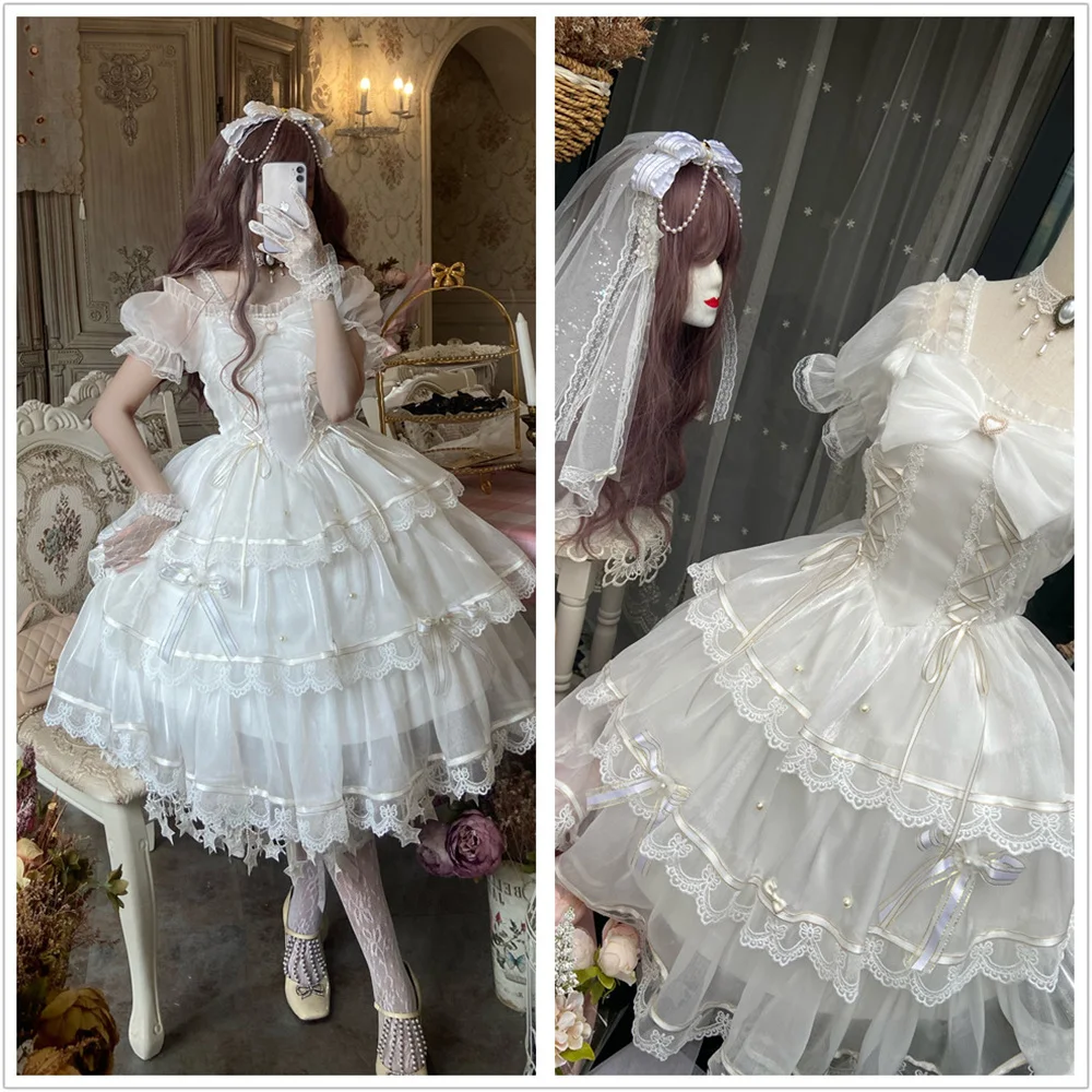 Wedding Dress Lolita Girls Sweet Gorgeous Lo White Dresses Princess Tea Party Palace Woman Wedding Dress French Fairy Bow Ruffle