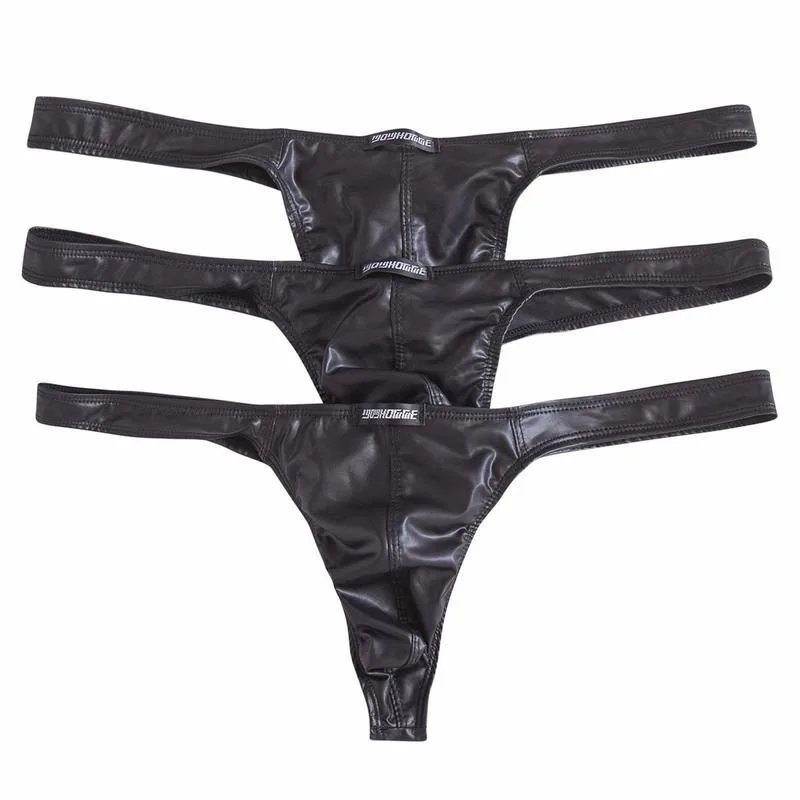 3PCS/Lots Sexy Men Thong G-string Jockstrap PU Leather Micro Bikini Exotic T-back Panties Gay Thongs Latex Panties Tangas Briefs