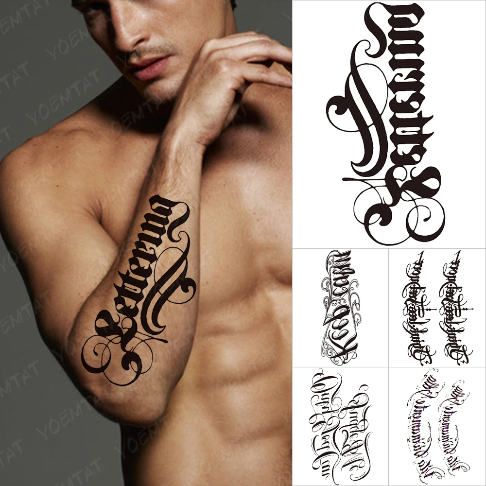 Handwriting Font Waterproof Temporary Tattoo Sticker Text Word Chicano Lettering Body Art Arm Wrist Fake Tatoo For Women Men