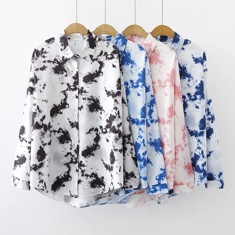 Women's Tie-Dyed Shirts Autumn Casual Fashion Loose Leisure Long Sleeve Blouse Tops