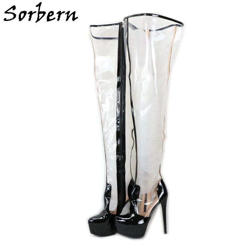 

Sorbern Sexy Transparent Pvc Women Boots High Heel Black Platform Shoes Stilettos Mid Thigh High Zip Up Big Size 15 Custom Color