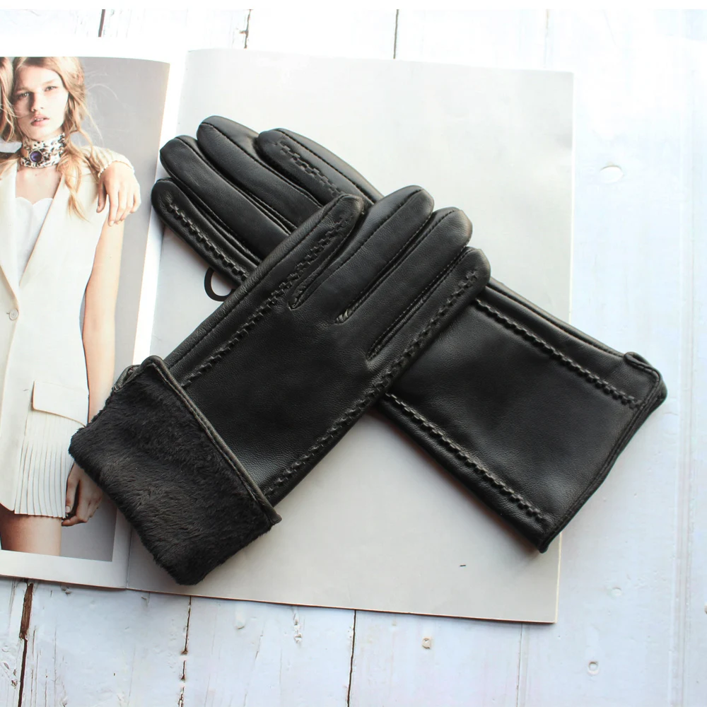 New Style Leather sheepskin gloves women\'s mid-length stripes plus velvet warm autumn and winter windproof free shipping