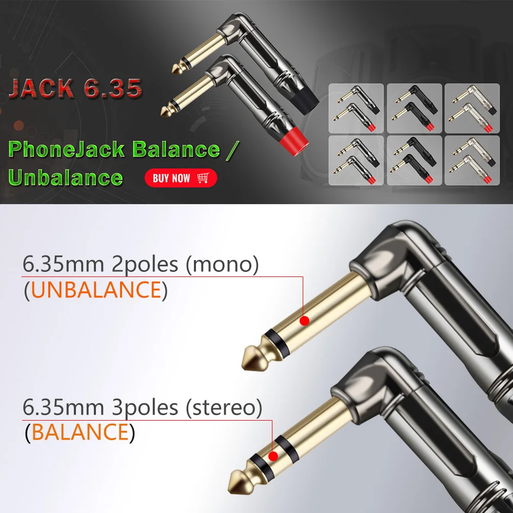 2pcs/lot 6.35mm Right Angle Male Plug  Mono/Stereo Jack Wire Connector Guitar Microphone MIC Audio Connector Factory Wholesales