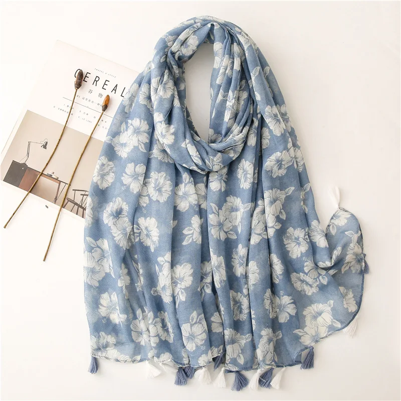 

2021 Newest Soft Flower Print Tassel Scarf Shawls Women Trendy Floral Hijab Wrap 2 Color