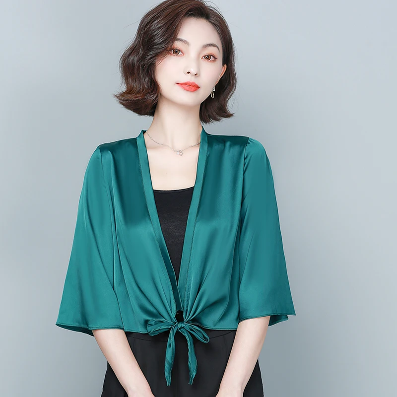 Women Large Size Shirt Real Silk Soft Blouse Elegant Half Lantern Sleeve Cardigan Lady Formal Business Bolero Cloak Shawl Top