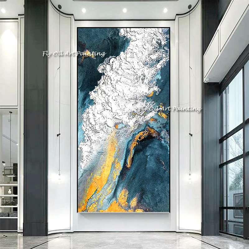 

Большой пейзаж, оригинальное абстрактное искусство, белый, синий, золотой океан, 100% ручная роспись, Современная картина маслом, искусство для домашнего декора
