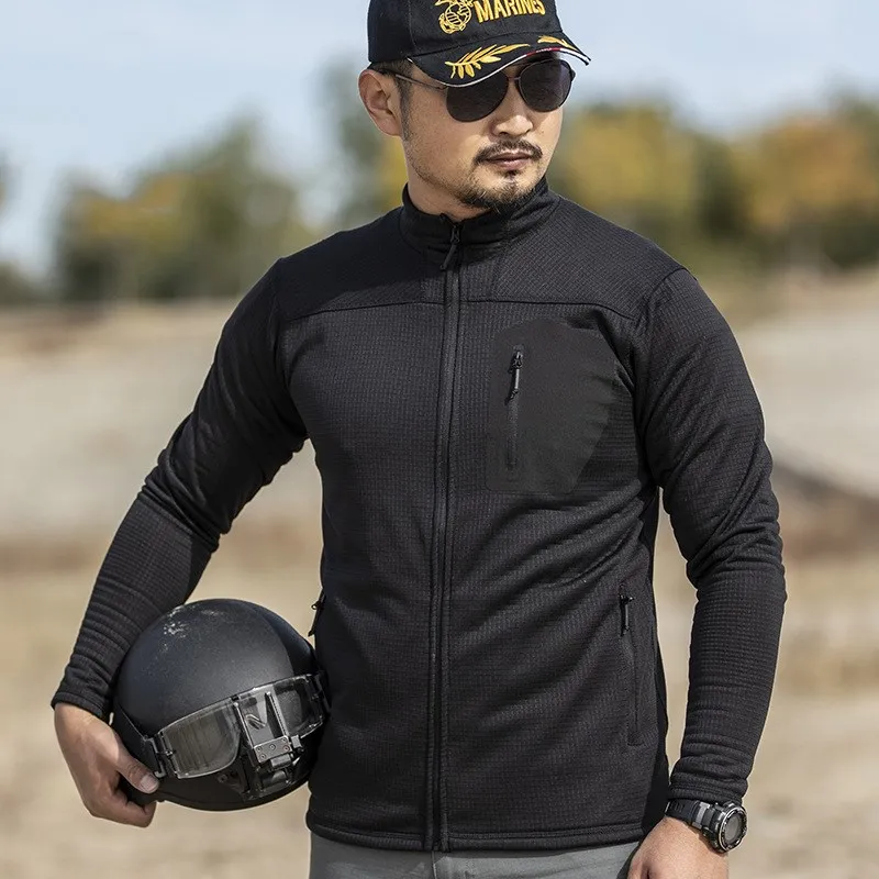 Mens Thin Plaid Fleece Jacket Spring Autumn Stand Collar Cardigan Coat Tops Lightweight Warm Outdoor Sports Jackets Man